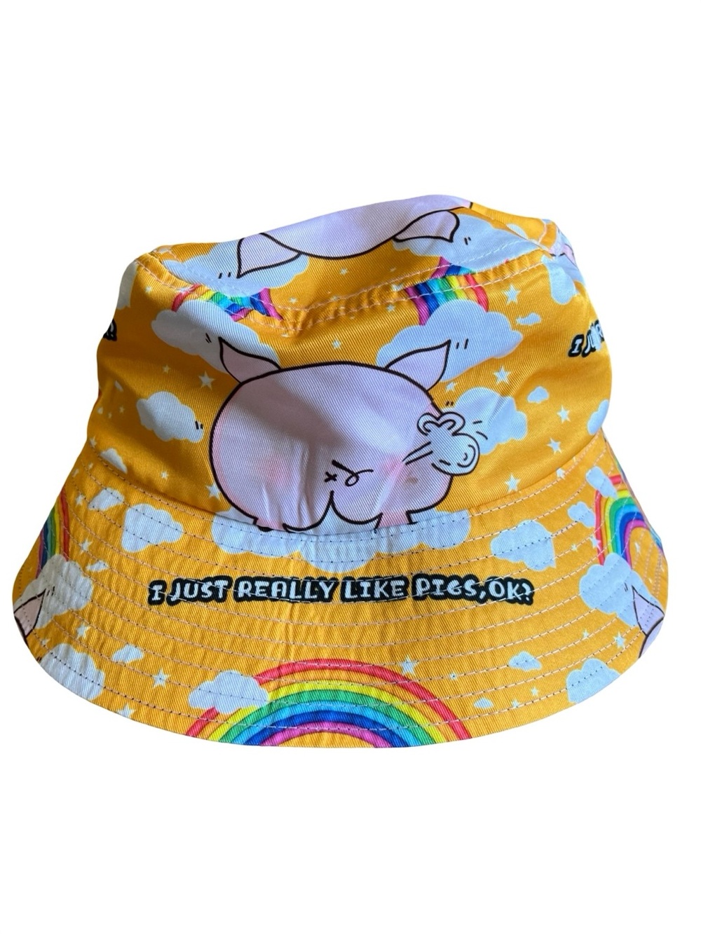 Funny Farting Pig & Rainbows Yellow Kitschy Bucket Hat “I Just Really Like Pigs” - Picture 2 of 6